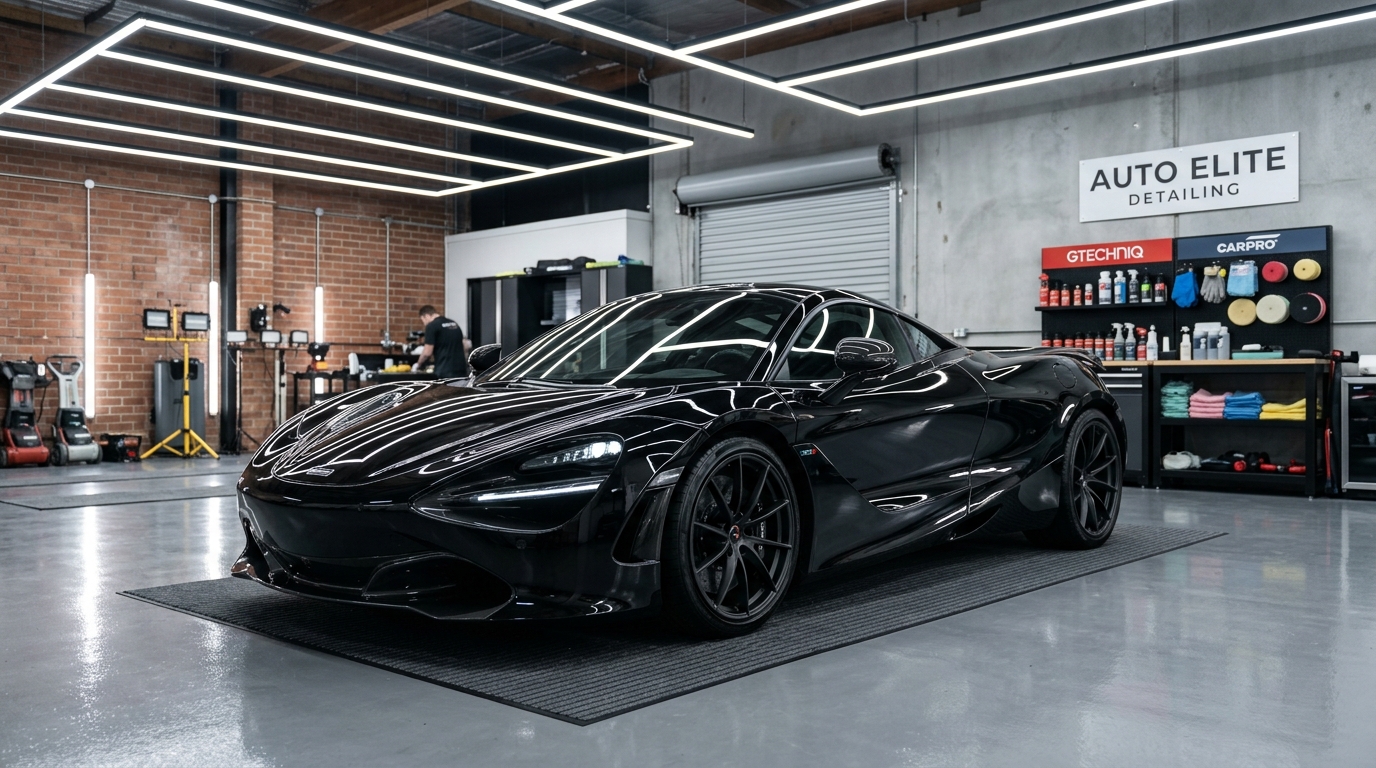 Premium black luxury sports car reflecting overhead LED workshop lights showing flawless paint preservation